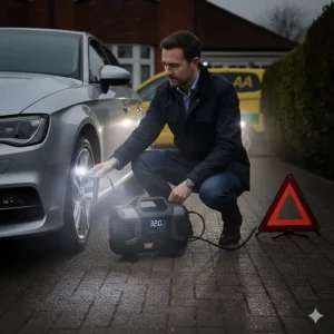 An integrated LED work light on a portable air compressor illuminating a wheel arch during a night-time breakdown.