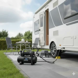 Heavy-duty portable air compressor adjusting the tyre pressure of a twin-axle caravan at a UK campsite.