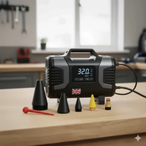 A collection of air compressor nozzles for inflating footballs, paddling pools, and air mattresses.