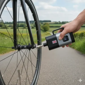 Using a mini portable air compressor with a Presta valve adapter on a road bicycle tyre.