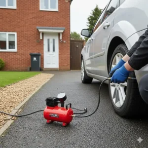 A compact portable air compressor being used to inflate car tyres on a residential British driveway.