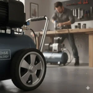 Close-up of the durable wheels and transport handle on a portable silent air compressor for easy movement.