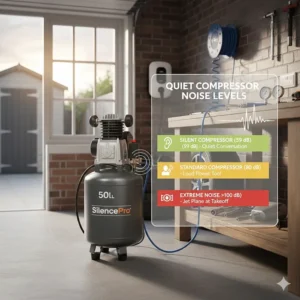 An infographic showing the decibel levels of a silent air compressor compared to standard garage models.