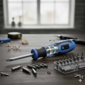 A heavy-duty ratcheting screwdriver showing the internal gear mechanism and a selection of chrome vanadium interchangeable bits.