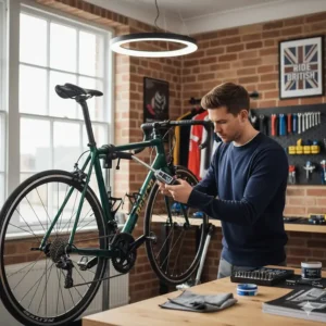 A mechanic performing maintenance on a road bike using a digital torque wrench to ensure precise bolt tension.