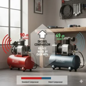 A decibel comparison chart showing the noise reduction of a silent air compressor versus a standard loud model.