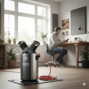 An ultra-quiet silent air compressor being used in a home office environment to minimise noise.