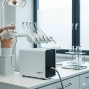 An ultra-quiet, white-cased air compressor designed for use in a professional UK dental surgery or medical lab.