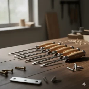 A range of slotted and cabinet-tip screwdrivers in various millimetre sizes, ideal for traditional British joinery and faceplate screws.