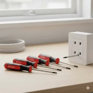 Ergonomic soft-grip handles on an electrician screwdriver set for comfort during long-fix installations.