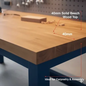 Close-up of a 40mm solid beech worktop on a heavy duty workbench, ideal for carpentry and assembly.