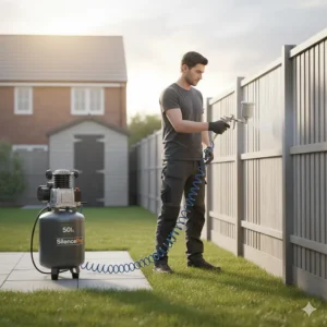 A homeowner using a compressor-powered spray gun to apply a fresh coat of paint to a garden fence panel.