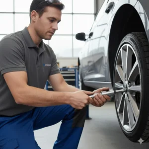 A mechanic in a workshop using a Draper Expert torque wrench to safely tighten wheel bolts on a car to the correct torque.