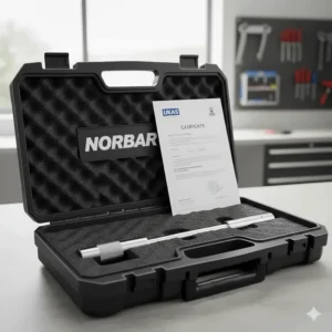 A torque wrench stored in its protective hard case alongside a UKAS-standard calibration certificate.