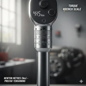 Close-up of a torque wrench scale showing measurements in Newton metres (Nm) for precise tensioning.