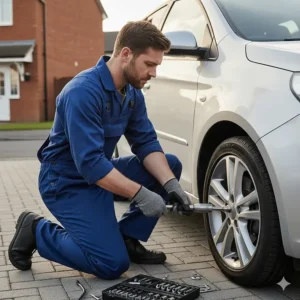 A DIY mechanic in blue overalls using a budget torque wrench to tighten wheel nuts on a car in a paved UK driveway.
