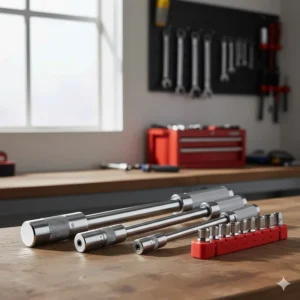A selection of budget torque wrenches in various drive sizes laid out on a garage workbench next to a socket set.