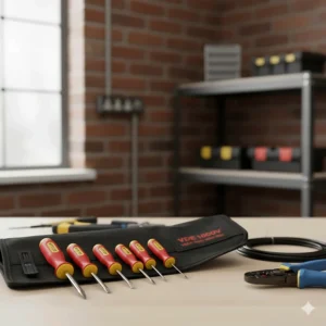 A 7-piece VDE insulated screwdriver set tested to 1000V, essential for British domestic electrical work, featuring red and yellow safety handles.