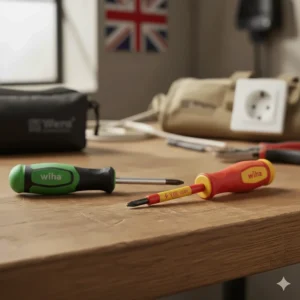 Wera and Wiha VDE insulated screwdrivers rated for 1,000V AC, essential for UK electrical installations.