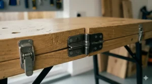 A wall-mounted folding workbench folded flat against a garage wall to save floor space.