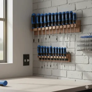 A workshop tool organiser holding a complete screwdriver set, showcasing tidy storage for a garage or garden shed.