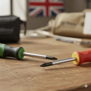 Two Pozidriv PZ2 screwdrivers, the most common screw head used in British construction and cabinetry.