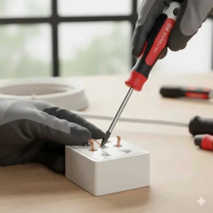 Electrician using an insulated flat-head screwdriver to wire a standard UK 13A double power socket.