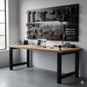 A comprehensive workstation setup including a metal pegboard for tool storage and overhead LED lighting.