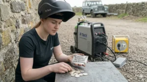 An affordable and budget-friendly MIG welder shown with British pound coins to highlight value-for-money options for UK hobbyists.