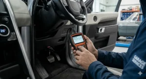 A handheld diagnostic tool plugged into a car's OBD2 port, displaying a P0442 fault code for an emissions leak.