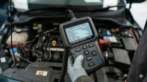 A detailed close-up shot of a mechanic's hand holding a handheld digital car battery tester, with the backlit screen clearly displaying a PASS result for the alternator charging system test.