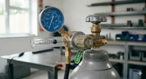 A UK-specification brass gas regulator and flowmeter attached to an argon cylinder for controlling shielding gas flow.