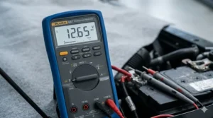 Close-up of a digital multimeter display showing a 12.65V DC reading during a car battery health check.