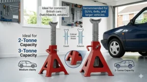 A comparison chart showing 2-tonne and 3-tonne axle stand capacity ratings, helping UK drivers choose the correct weight support for different vehicle types, from hatchbacks to larger estates and SUVs.