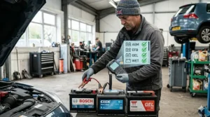 A photorealistic image showing a mechanic in a UK garage holding a handheld digital battery tester, connected to a varied selection of car battery types including an AGM start-stop battery and a standard EFB unit, demonstrating the tester's wide compatibility.