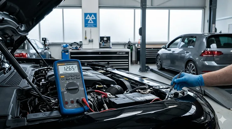 A technician using the best automotive multimeter to test a car battery under the bonnet of a luxury SUV in a professional UK garage with an MOT sign. best automotive multimeter