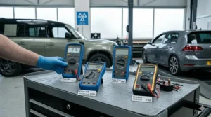 A comparison of professional automotive multimeters on a workshop trolley with prices shown in British Pounds.