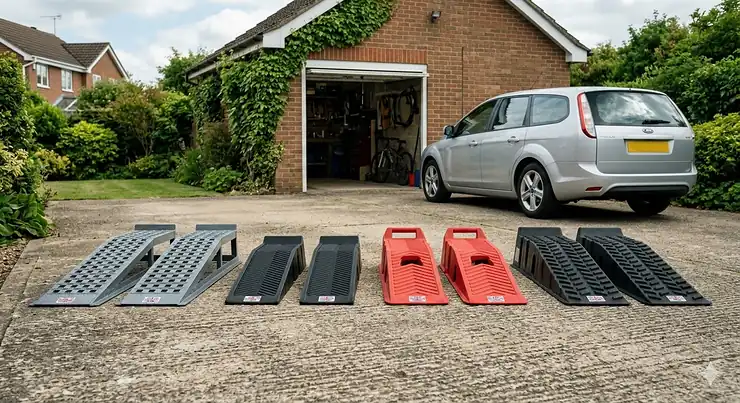 A high-quality comparison shot of four different types of the best car ramps (steel and polymer) on a British driveway, with a Ford Focus estate and brick garage in the background. best car ramps