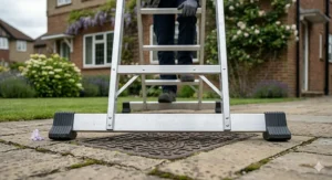 Wide stabiliser bar with heavy-duty slip-resistant feet on the base of a combination ladder for extra stability on a stone patio.