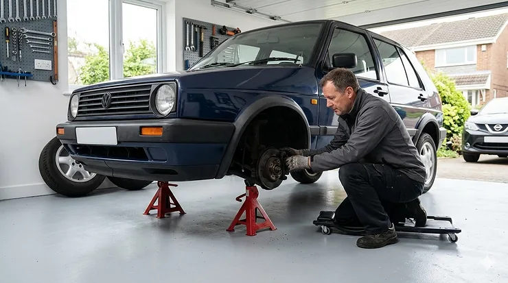 A man in a home garage safely changing a brake disc on a blue hatchback, which is securely supported by a pair of heavy-duty red axle stands on a flat concrete floor, demonstrating the best jack stands for UK car maintenance. best jack stands