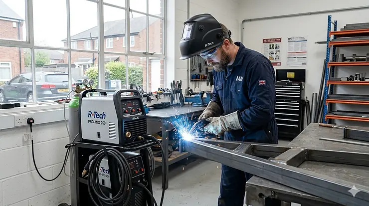 A professional welder using the best MIG welder on a steel frame in a clean, modern UK garage workshop with natural daylight. best MIG welder