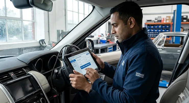 A professional technician using a high-end OBD2 diagnostic tablet inside a right-hand drive vehicle in a UK garage. best OBD2 scanner