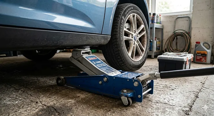 A high-quality hydraulic trolley jack lifting a car in a clean, modern UK home garage with natural daylight. trolley jack for home garage