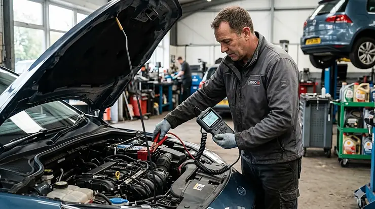 A professional mechanic in a UK garage workshop uses a handheld digital car battery tester to check the health of a car battery under the open bonnet, under natural daylight. car battery tester