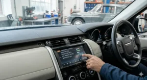 A person using a finger to navigate a vehicle's integrated diagnostic and live data menu on a central touchscreen console.