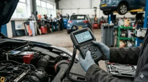 A photorealistic image showing a mechanic in a UK workshop using a diagnostic car battery tester to measure the cranking voltage during engine start-up, with test results clearly displayed.