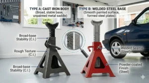 Detailed visual comparison of a cast iron axle stand with a broad base and a welded steel stand with a powder-coated finish, highlighting differences in material texture and structural build.