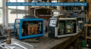 A cross-section diagram showing the internal transformer of a traditional Clarke welder and the modern circuit boards of a SIP inverter welder.