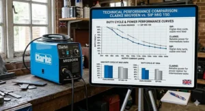 A technical comparison chart showing the duty cycle percentages of Clarke and SIP arc welders at various amp settings to illustrate performance longevity.