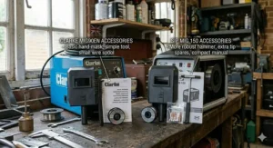 An overhead shot of the masks, chipping hammers, and wire brushes included in a standard Clarke welding kit compared to a SIP starter pack.